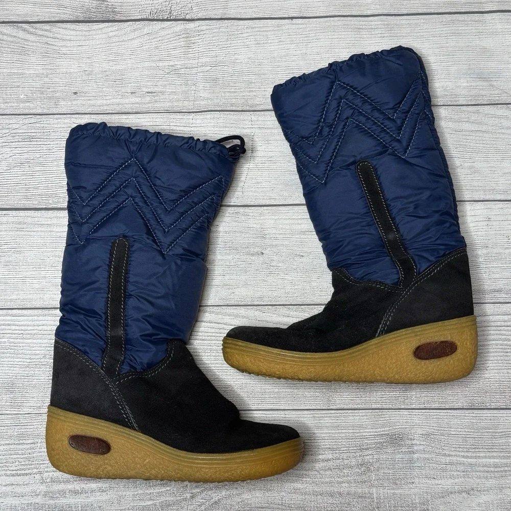 Meribell Black‎ Suede Blue Nylon Wedge Gum Sole Snow Boots Italy Size 40